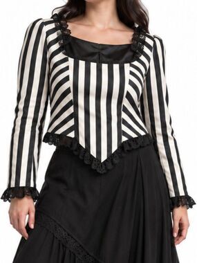Victorian Choice Black White Striped Gothic Lace Corset Blouse Size Medium